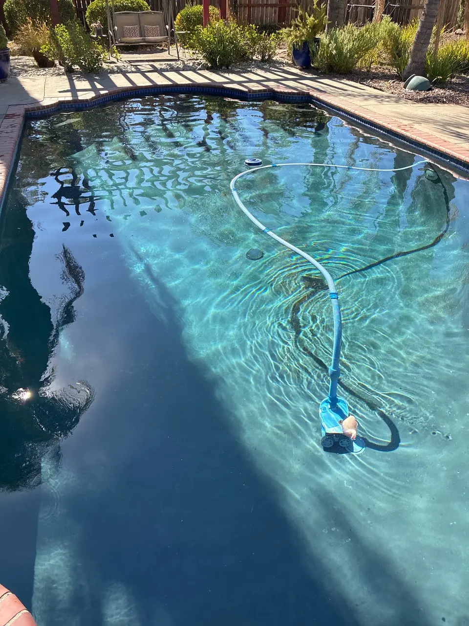 Clear blue pool water with brick coping, blue waterline tile, an underwater cleaner, and surrounding landscaping, after pool service in Antelope, CA