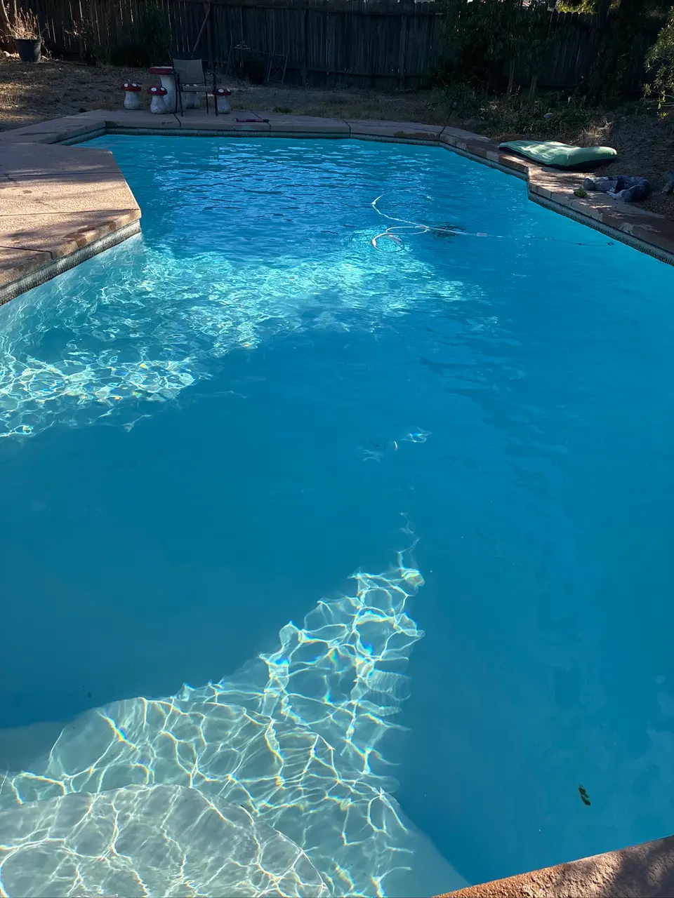 Clear blue pool water reveals entry steps, with curved concrete coping and a cleaning hose beneath sunlit ripples, after pool service in Antelope, CA