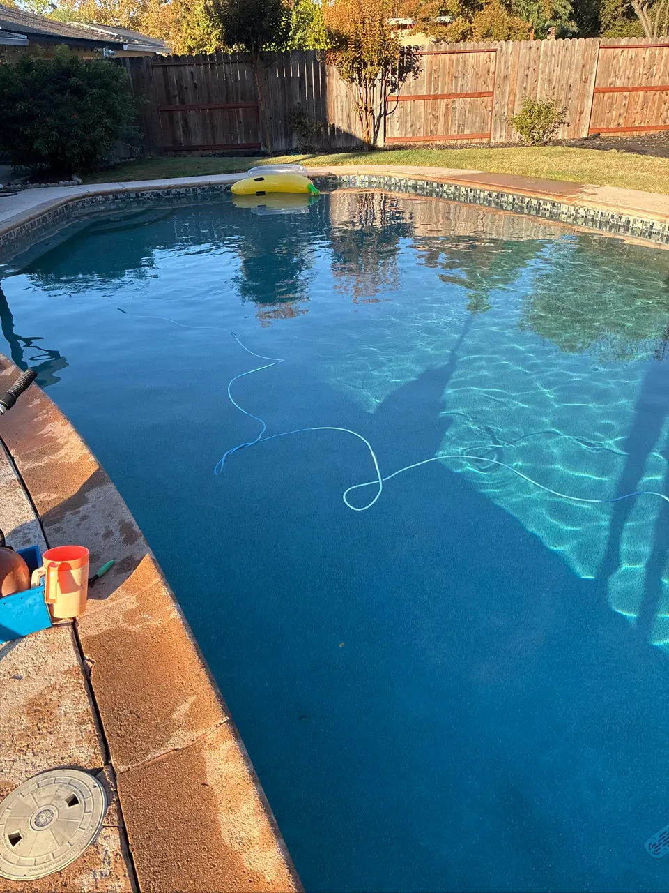 Clear blue pool water reveals the floor beneath reflections, with mosaic waterline tile and surrounding lawn and trees, after pool service in Citrus Heights, CA