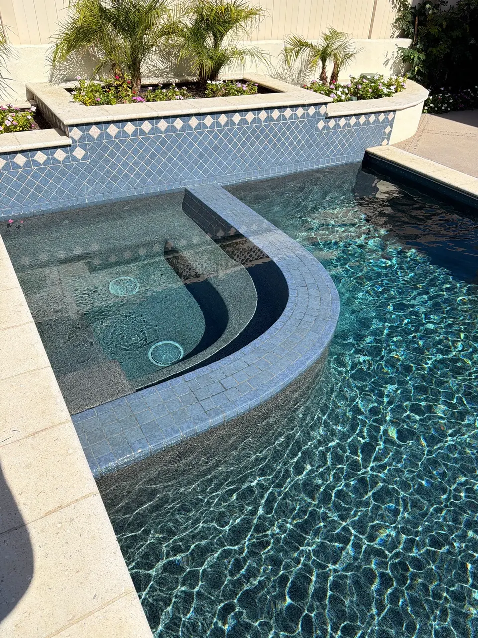 Sparkling water fills a dark-finished pool and curved spa beside blue tile and palm-filled planters, after pool service in Coronado, CA