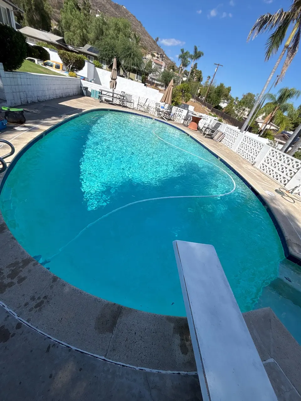 Sparkling turquoise pool with a diving board, entry steps, vacuum hose, and palm-lined patio, after pool service in El Cajon, CA