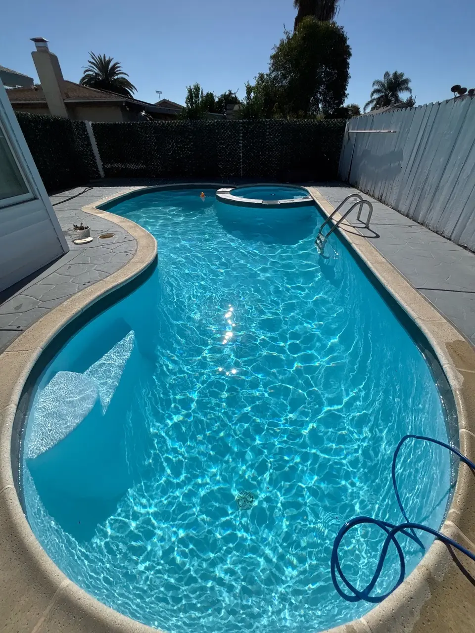Sparkling blue water fills a curved pool with entry steps, a metal ladder, and an attached rounded spa, after pool service in Escondido, CA