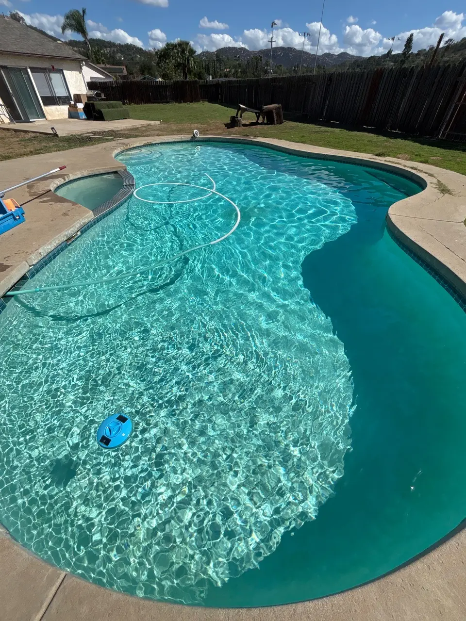 Sparkling turquoise water fills a freeform pool with an attached spa, concrete decking, and surrounding lawn, after pool service in Escondido, CA