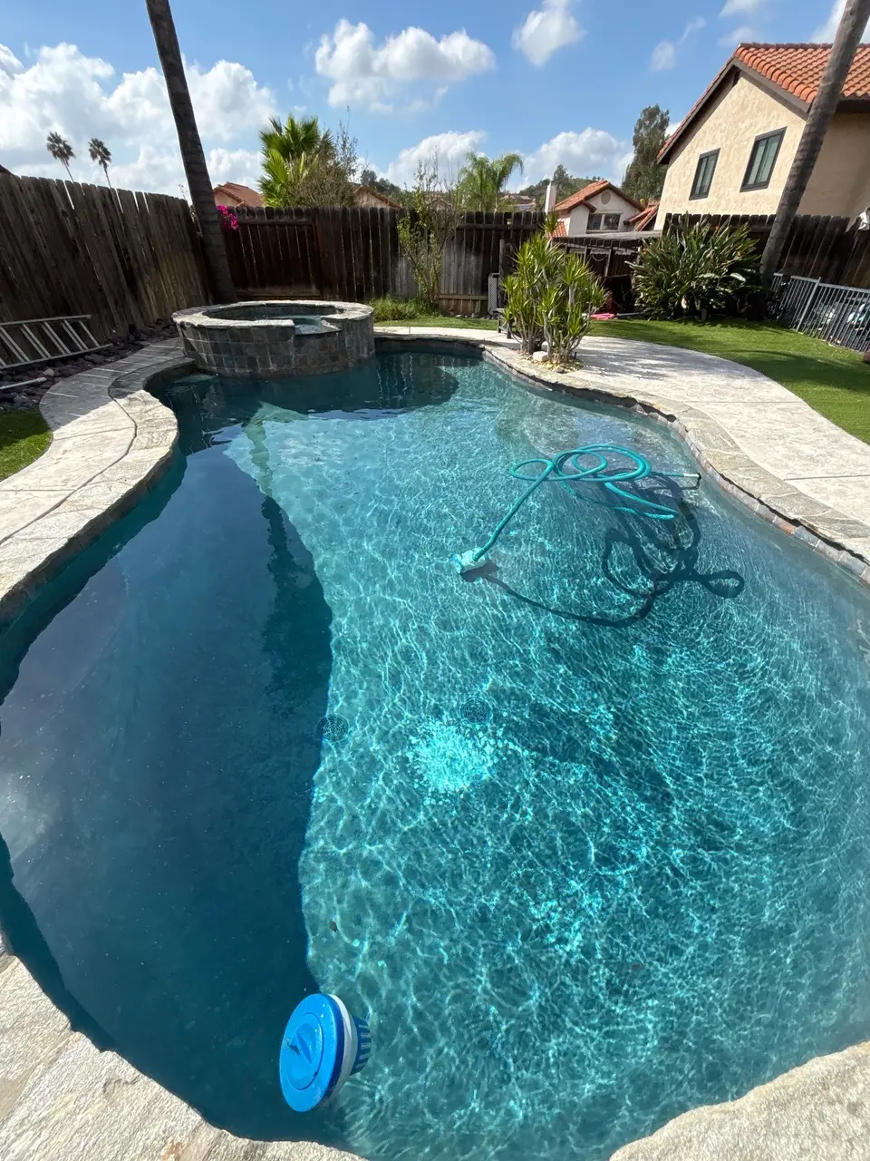 Sparkling blue water fills a freeform pool with a raised stone spa, stone coping, and surrounding palms, after pool service in Escondido, CA