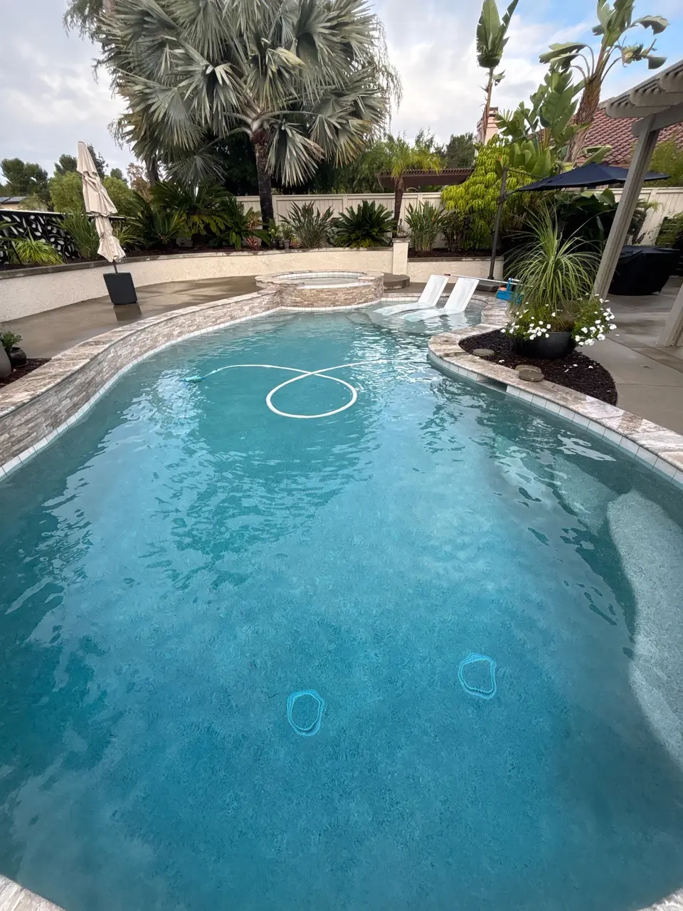 Clear turquoise pool with a raised circular spa, stone walls, submerged loungers, and tropical landscaping, after pool service in Escondido, CA
