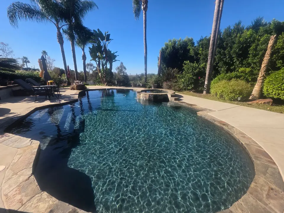 Sparkling blue water fills a curved pool with stone coping, submerged steps, and a raised spa amid palms, after pool service in Fallbrook, CA
