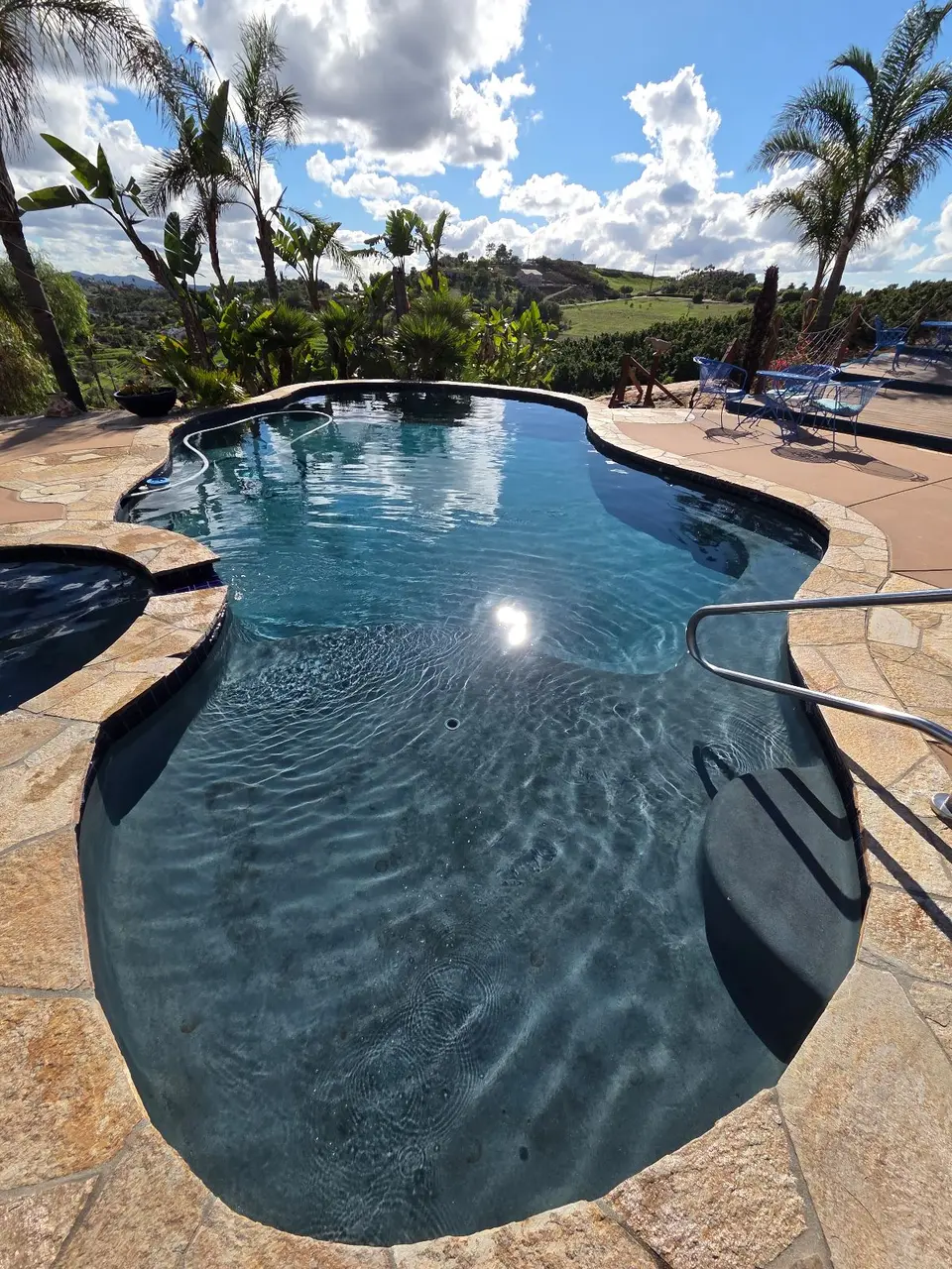 Sparkling dark teal water fills a freeform pool with an attached spa, stone coping, and surrounding palms, after pool service in Fallbrook, CA