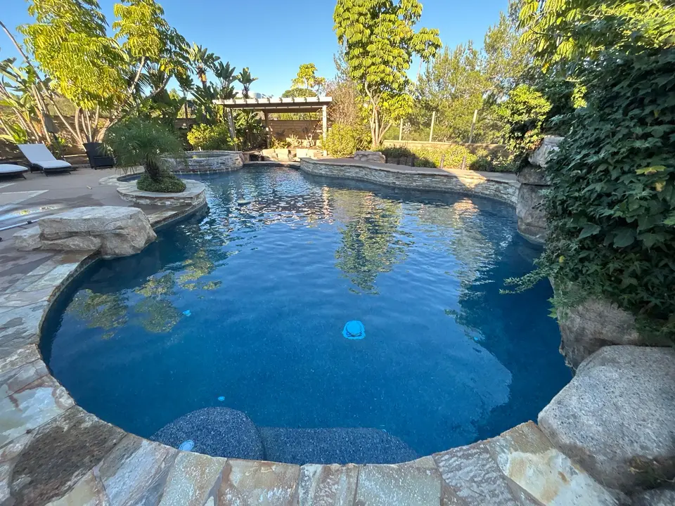 Sparkling blue water fills a freeform pool with stone coping, raised spa, rock work, and lush landscaping, after pool service in Fallbrook, CA