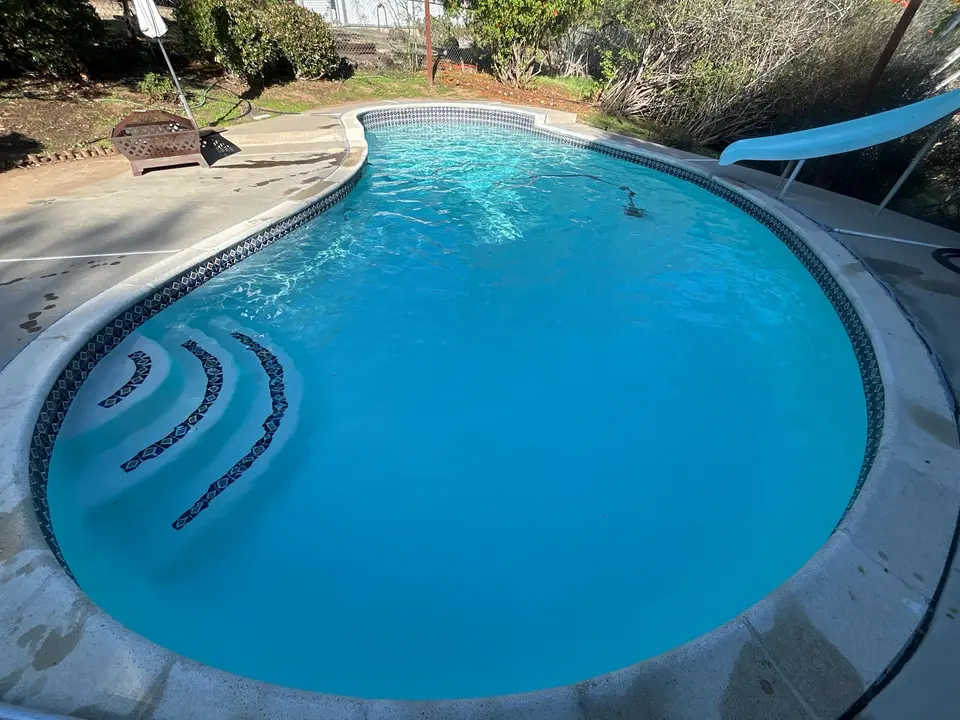 Clear blue water fills a curved pool with tiled entry steps, patterned waterline tile, and a slide, after pool service in Fallbrook, CA