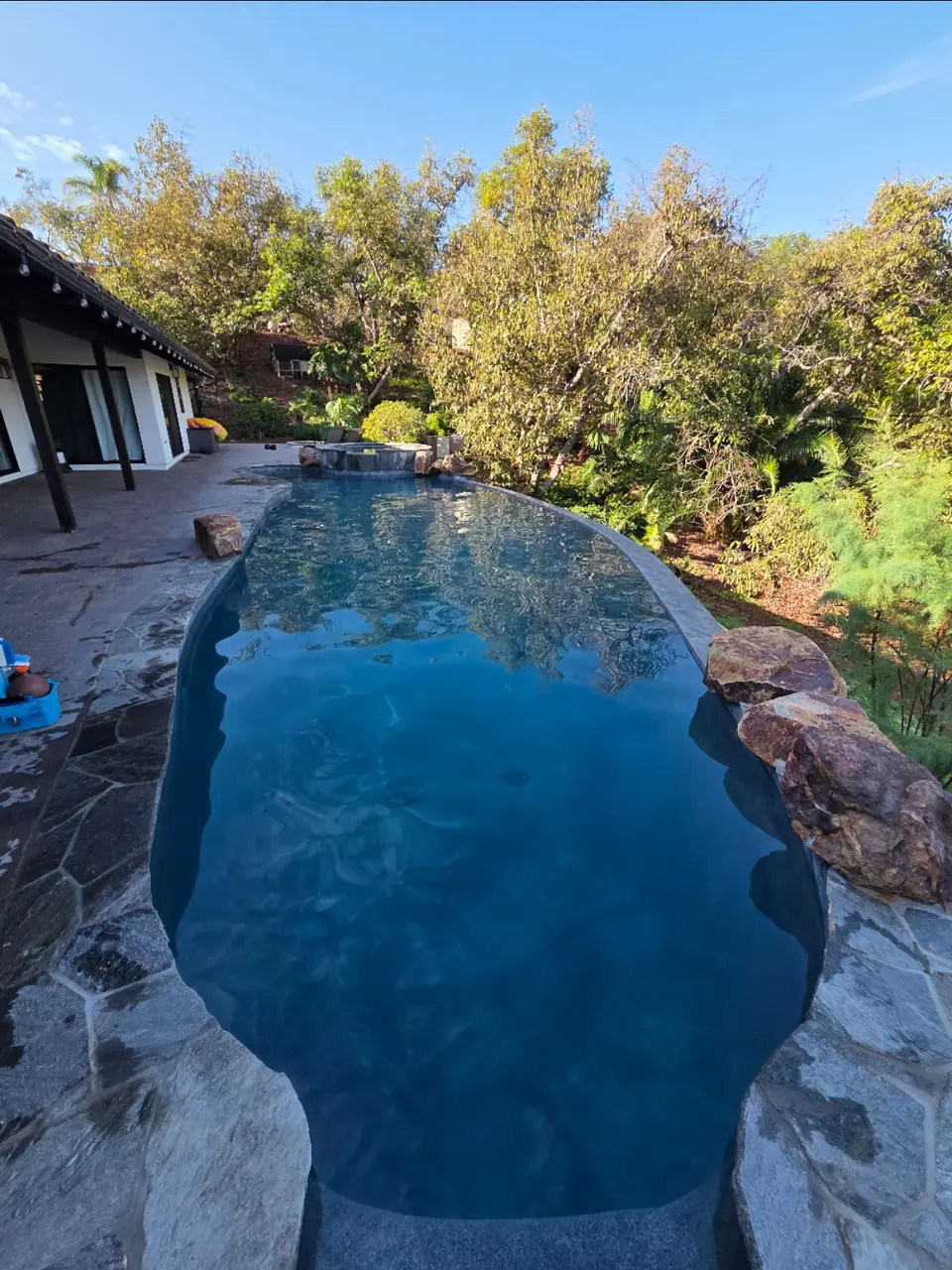 Clear blue water fills a freeform pool with stone coping, rock accents, a raised spa, and lush landscaping, after pool service in Fallbrook, CA