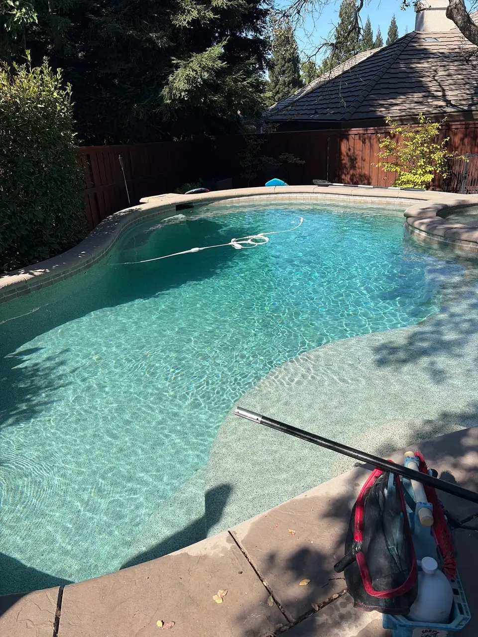 Sparkling turquoise pool with a broad shallow shelf, stone coping, and surrounding trees, after pool service in Folsom, CA