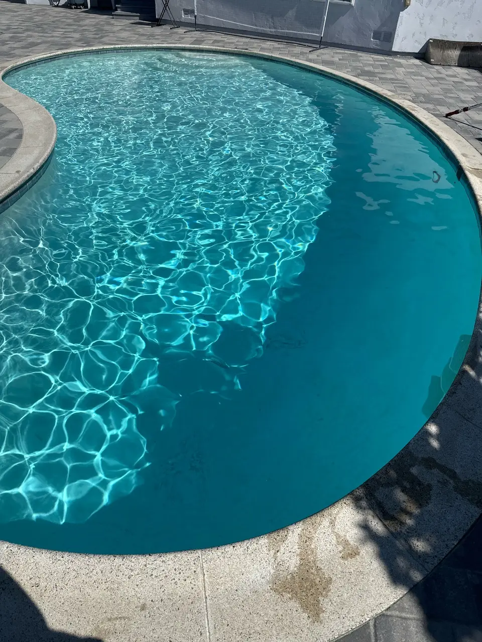 Sparkling turquoise water fills a curved pool bordered by light coping and a gray paver deck, after pool service in Gardena, CA