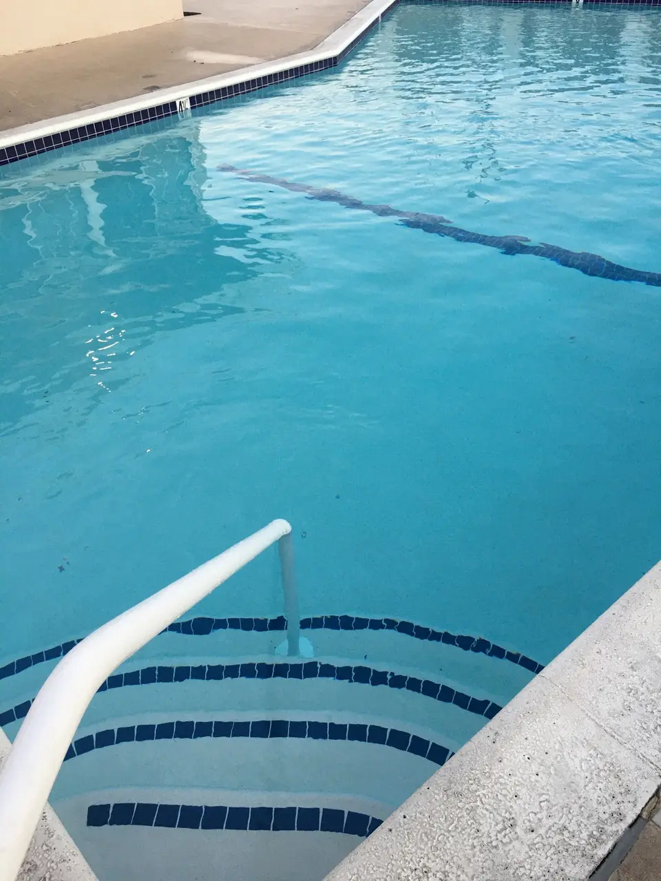 Clear blue pool water reveals curved entry steps, dark tile edges, a white handrail, and an underwater stripe, after pool service in Gardena, CA