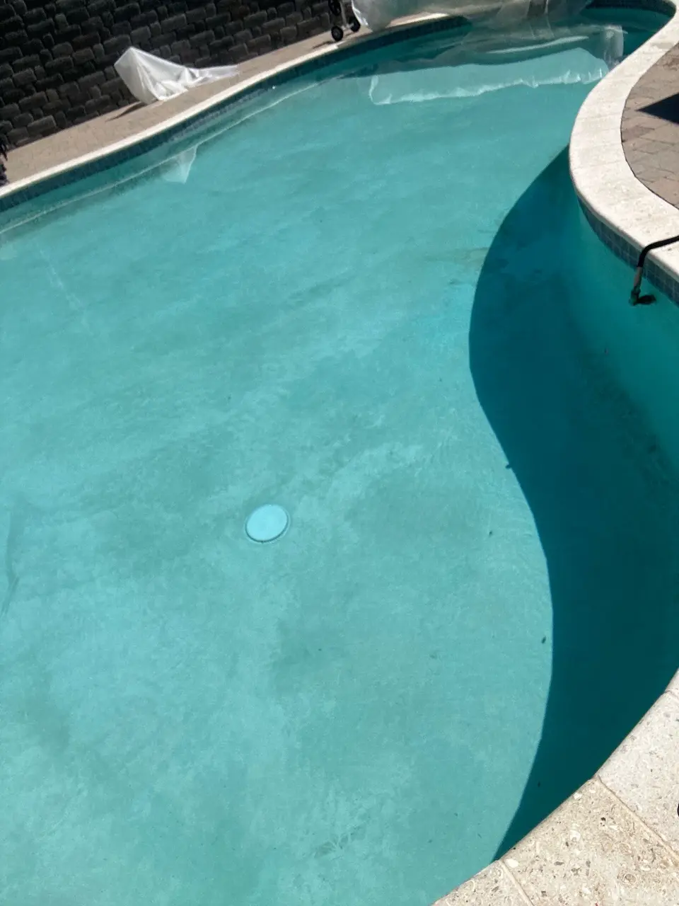 Clear turquoise water reveals a light-colored finish beneath curved edges, dark waterline tile, and stone coping, after pool service in La Jolla, CA