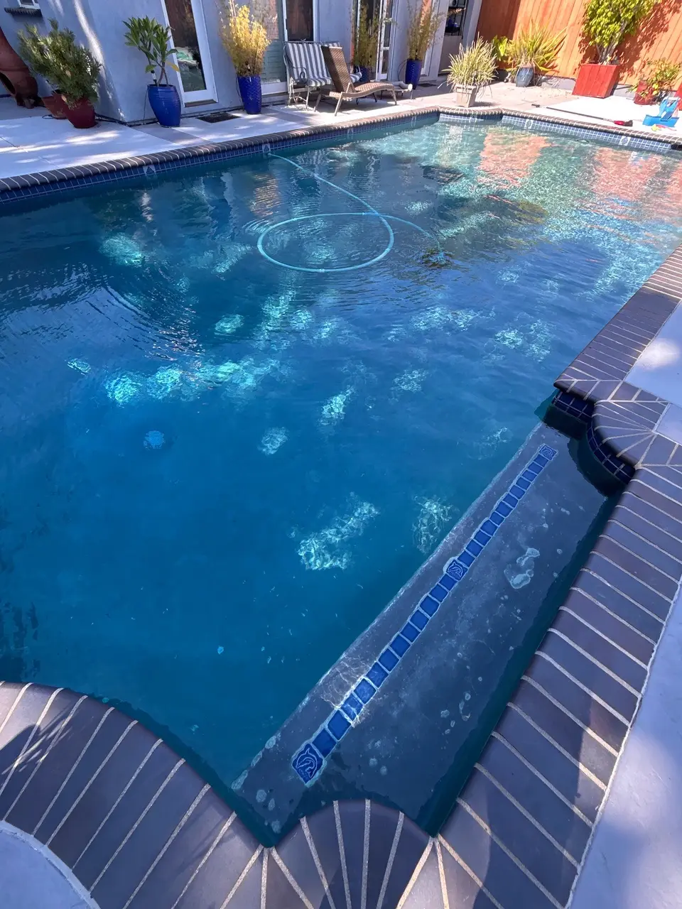 Clear blue pool water surrounds tiled entry steps, with brick coping, potted plants, and a submerged vacuum hose, after pool service in La Jolla, CA