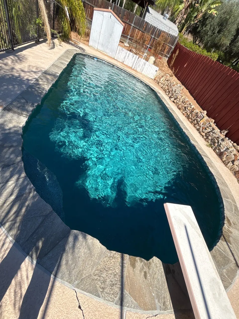 Clear turquoise water fills a backyard pool with stone coping, a diving board, and surrounding palms, after pool service in Lakeside, CA