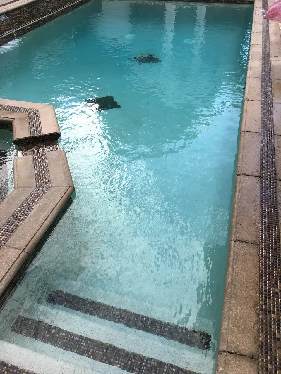 Clear turquoise pool water surrounds tile-trimmed entry steps and a raised spa beside a wall waterfall, after pool service in Manhattan Beach, CA