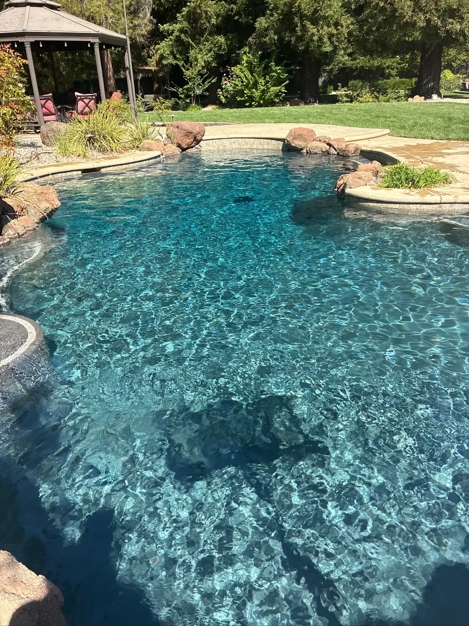 Sparkling blue water fills a freeform pebble-finish pool bordered by rocks, landscaping, and a gazebo, after pool service in Orangevale, CA