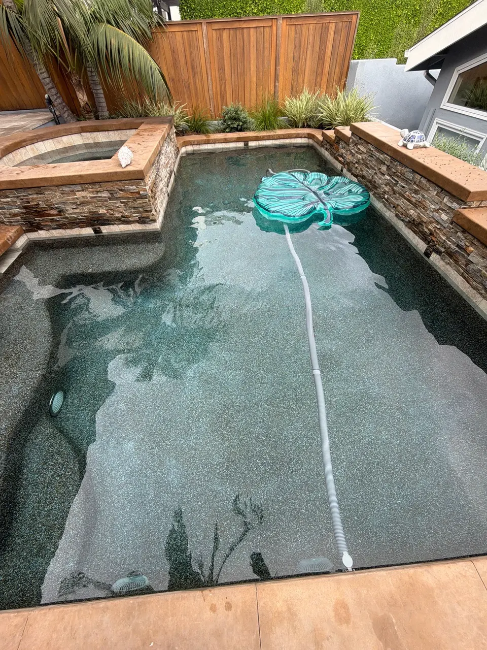 Clear water reveals a dark pebble finish beside a raised stone spa, tropical landscaping, and leaf-shaped float, after pool service in Redondo Beach, CA