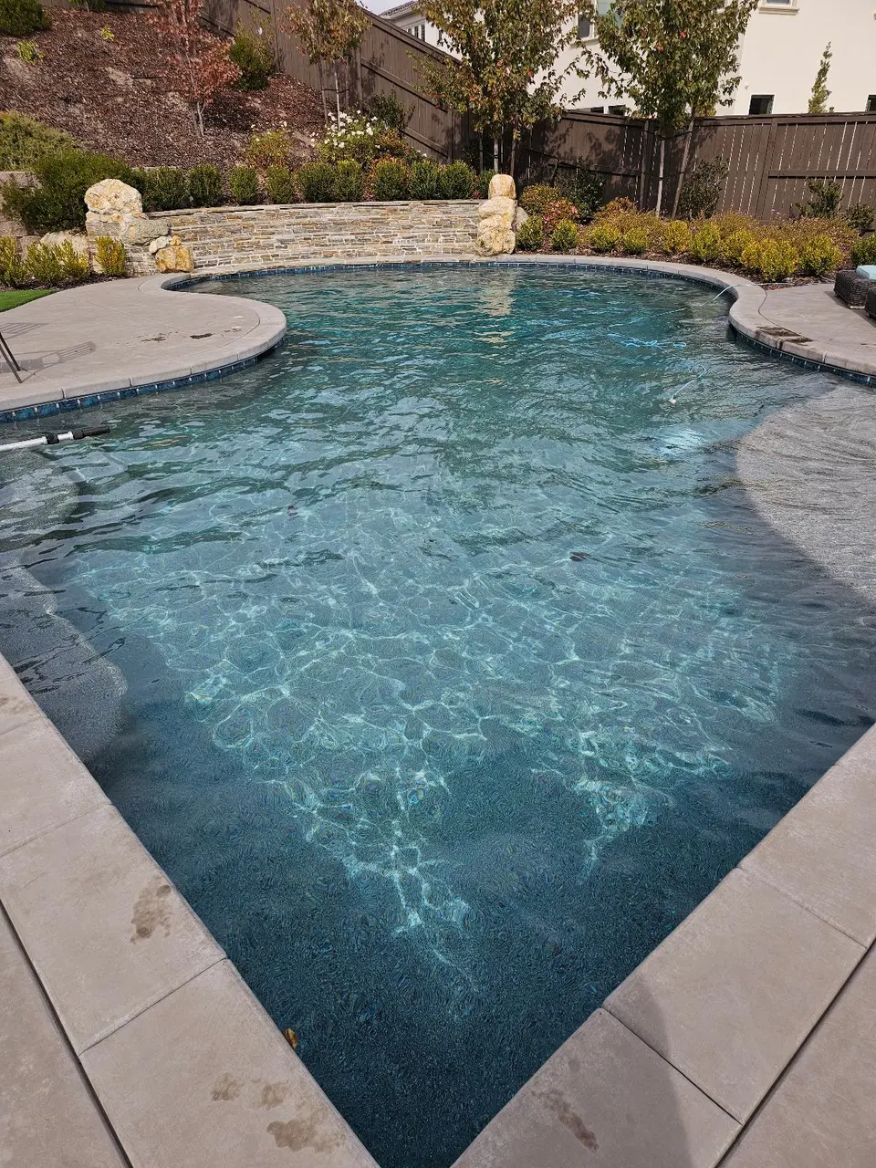 Sparkling blue water fills a freeform pool with submerged steps, stone wall, rock accents, and surrounding landscaping, after pool service in Rocklin, CA