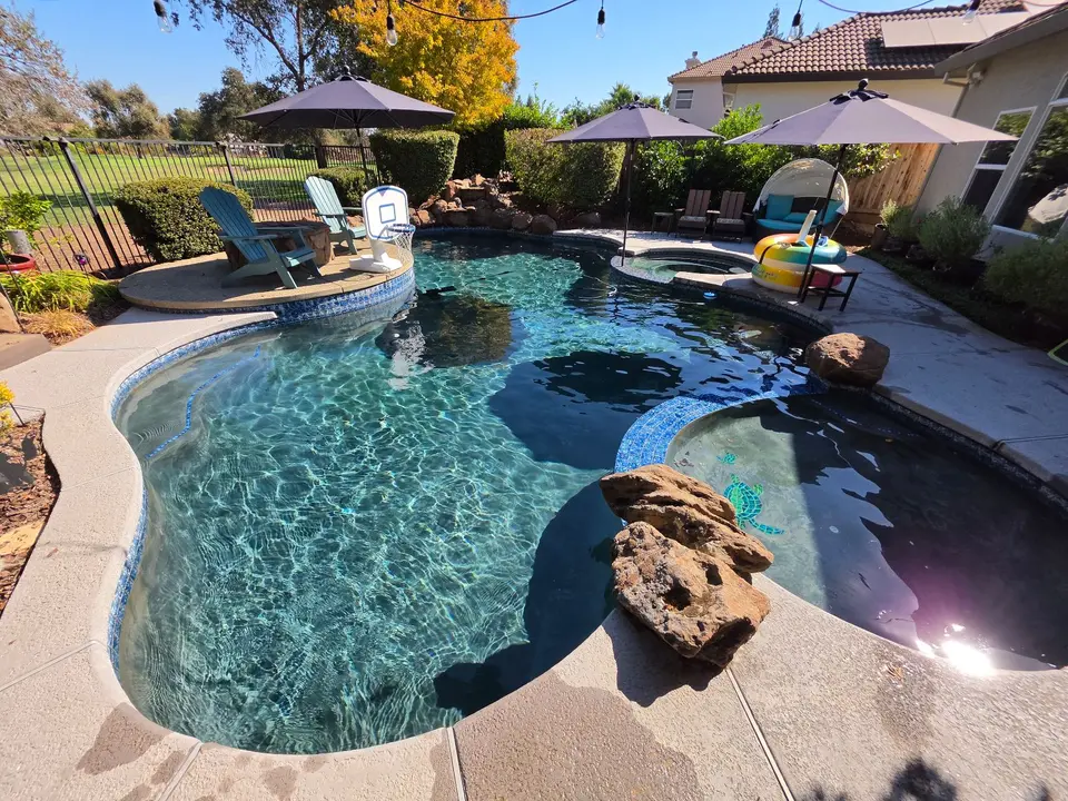 Sparkling blue water fills a curved pool with blue tile, rock accents, turtle mosaics, and a raised spa, after pool service in Roseville, CA