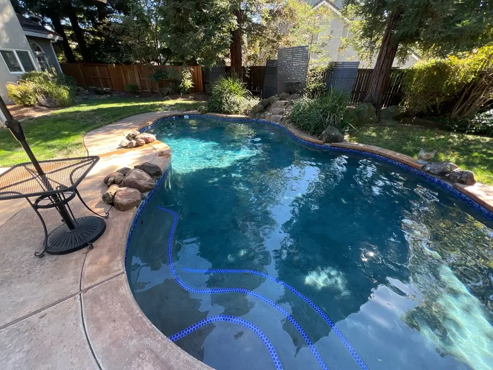 Sparkling blue water fills a freeform pool with curved tiled steps, rock waterfall, and mature landscaping, after pool service in Roseville, CA