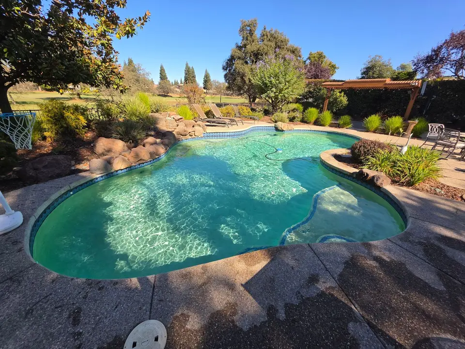 Sparkling turquoise water fills a freeform pool with entry steps, rock edging, and surrounding garden landscaping, after pool service in Roseville, CA