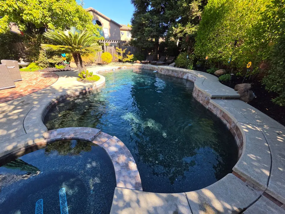 Clear dark blue water fills a curved pool and attached spa surrounded by stone coping and lush landscaping, after pool service in Roseville, CA