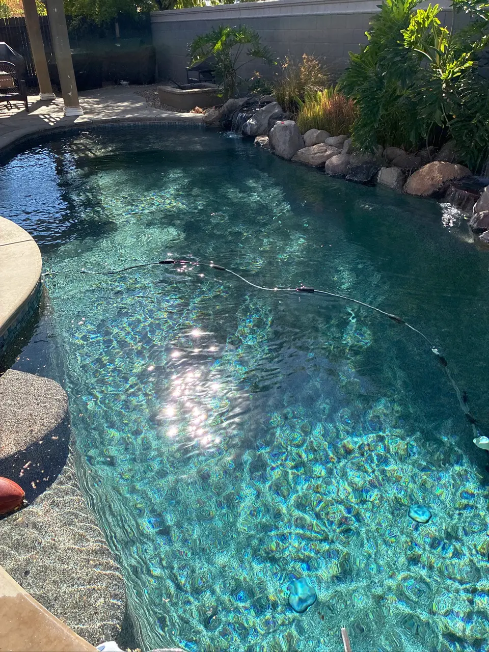 Clear turquoise water fills a freeform pebble-finish pool with rock waterfalls and lush tropical landscaping, after pool service in Roseville, CA