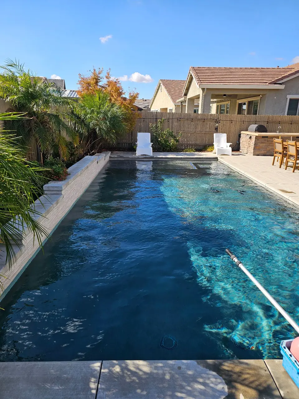 Clear blue water fills a rectangular pool bordered by palm landscaping, a raised planter wall, and patio seating, after pool service in Roseville, CA