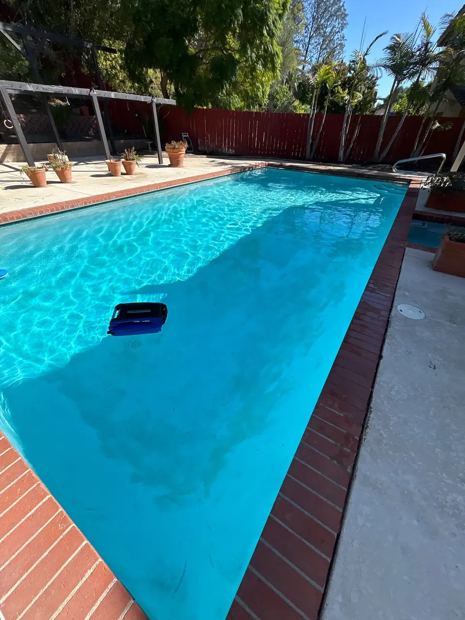 Sparkling turquoise water fills a rectangular pool with brick coping, a handrail, and surrounding palms and potted plants, after pool service in San Diego, CA