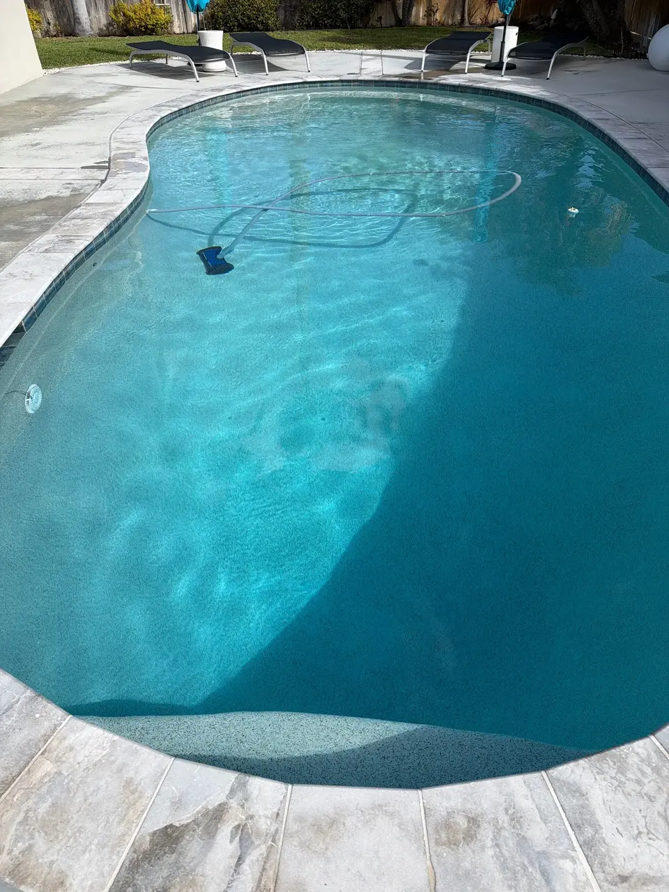 Clear turquoise water fills a curved pool with a speckled finish, light coping, and a visible cleaner hose, after pool service in San Diego, CA