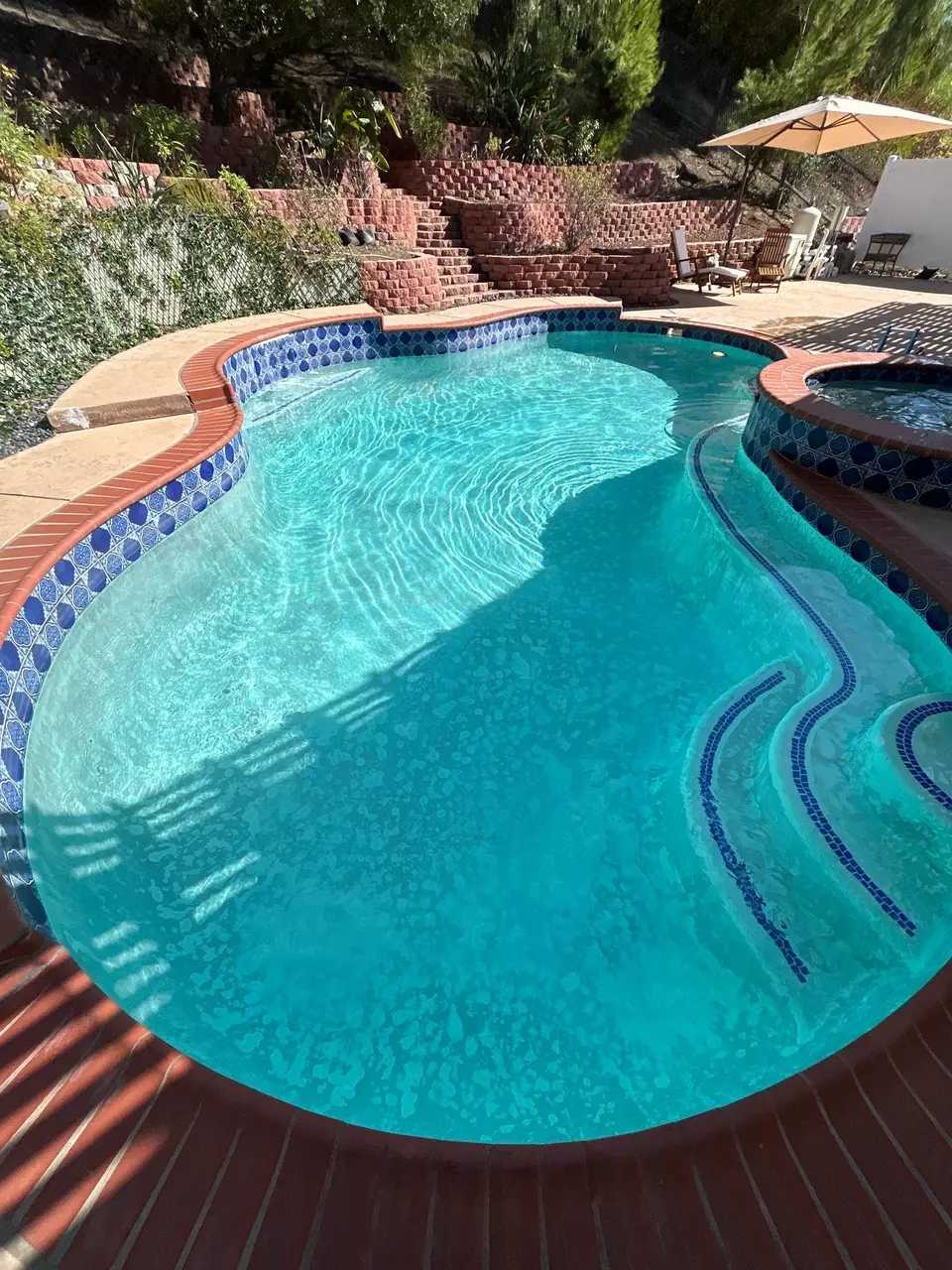Sparkling turquoise water fills a curved pool with blue tile, broad entry steps, and a raised spa, after pool service in San Diego, CA