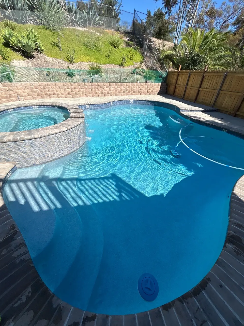 Sparkling blue pool with curved entry steps, a raised tiled spa, and hillside landscaping, after pool service in San Diego, CA