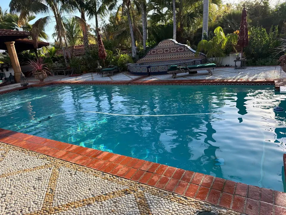 Clear turquoise pool water with brick coping, decorative pebble decking, an ornate tiled feature, and palm landscaping, after pool service in Vista, CA