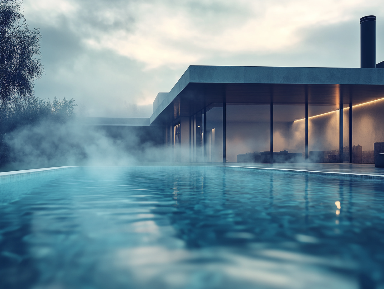 Warm heated swimming pool at dusk after new pool heater installation in Anaheim Hills and Orange County CA