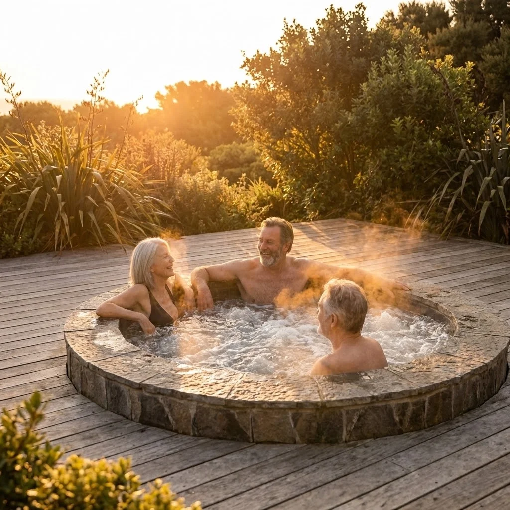 friends soaking in hot tub