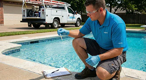 Cabana pool technician testing water chemistry