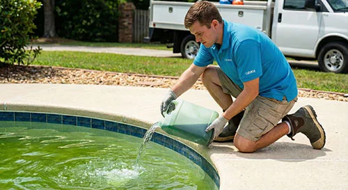 Cabana pool technician treating algae in pool