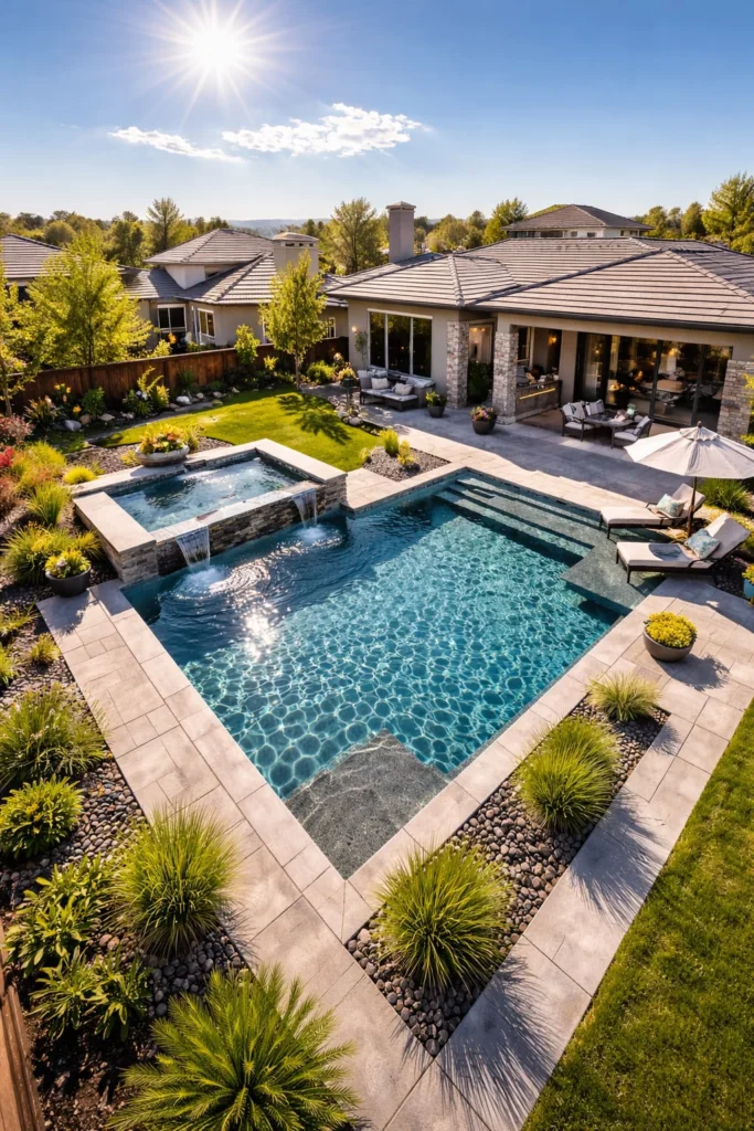 Rancho Cordova pool maintenance - aerial view of pristine backyard pool ready for service