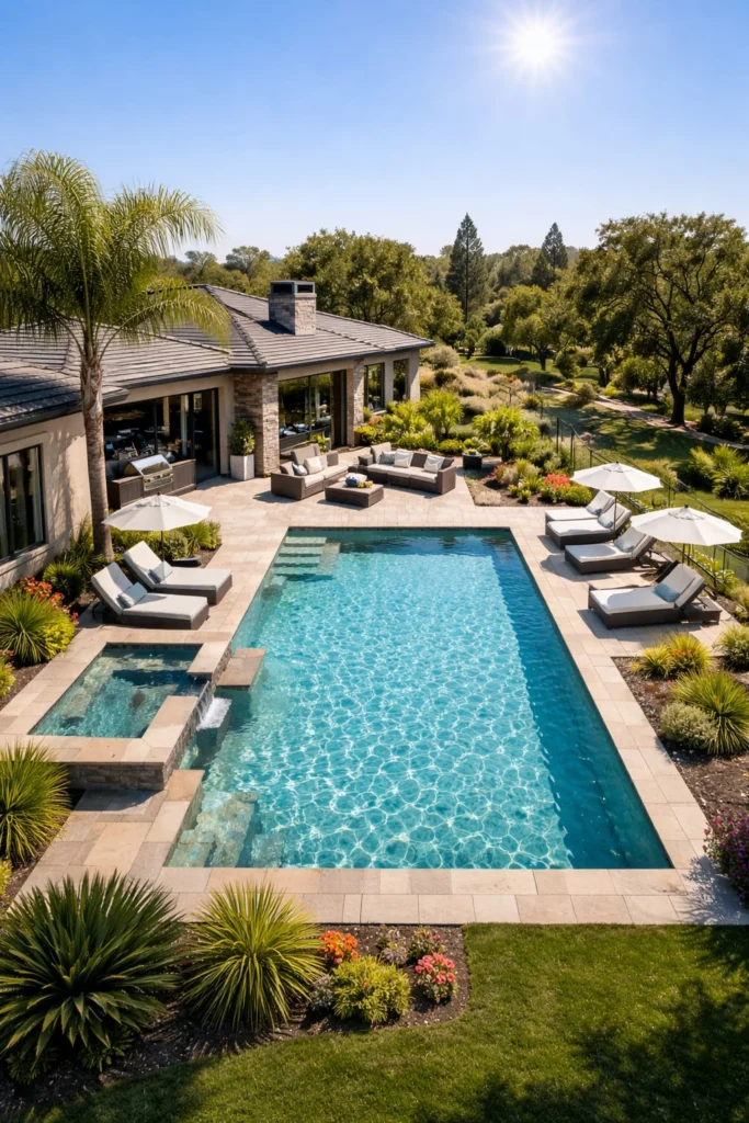 Aerial view of Gold River pool ready for professional cleaning and maintenance service booking