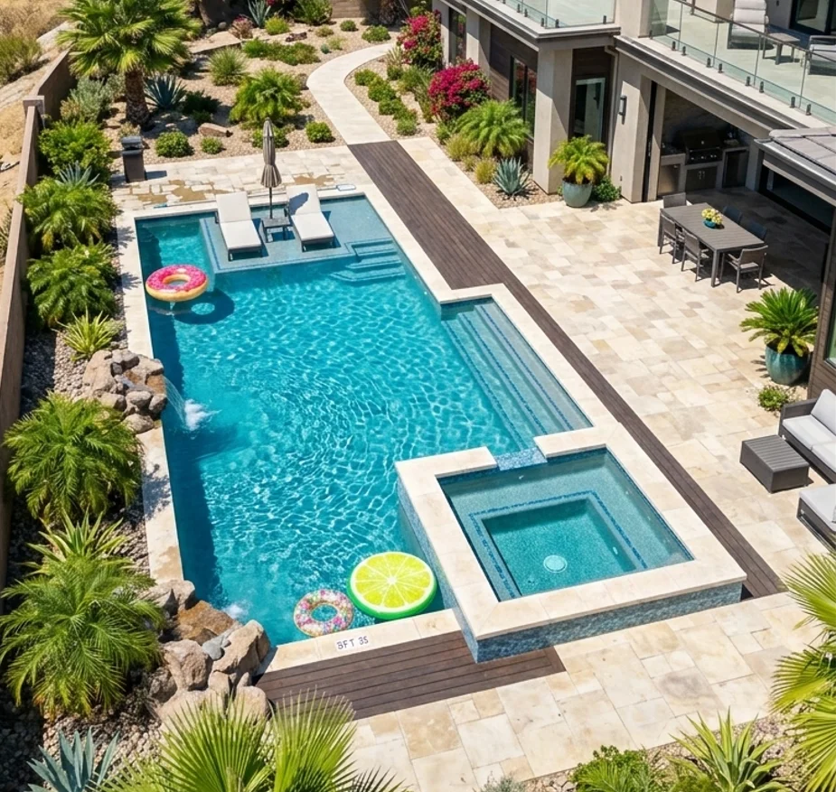 Birds eye view of residential Sun City pool receiving weekly cleaning and maintenance service