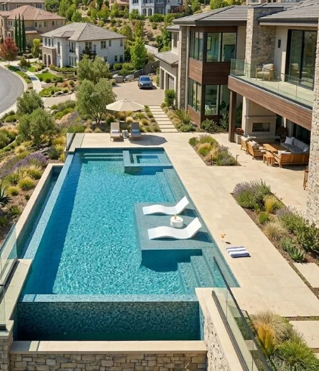 Aerial view of pristine El Dorado Hills pool showcasing professional pool cleaning and maintenance service results