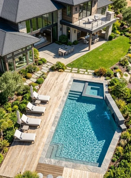 Aerial view of pristine Granite Bay pool demonstrating professional pool service and maintenance quality