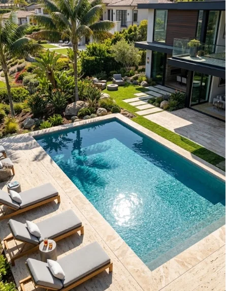 Aerial view of residential pool ready for Costa Mesa pool cleaning, maintenance, and service - easy online booking