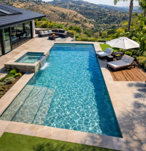 Overhead view of pristine Anaheim Hills residential pool maintained by expert pool service, cleaning, and maintenance professionals
