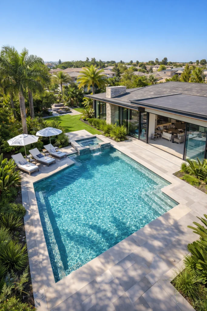 Aerial view of pristine Irvine pool ready for professional pool service, cleaning and maintenance booking