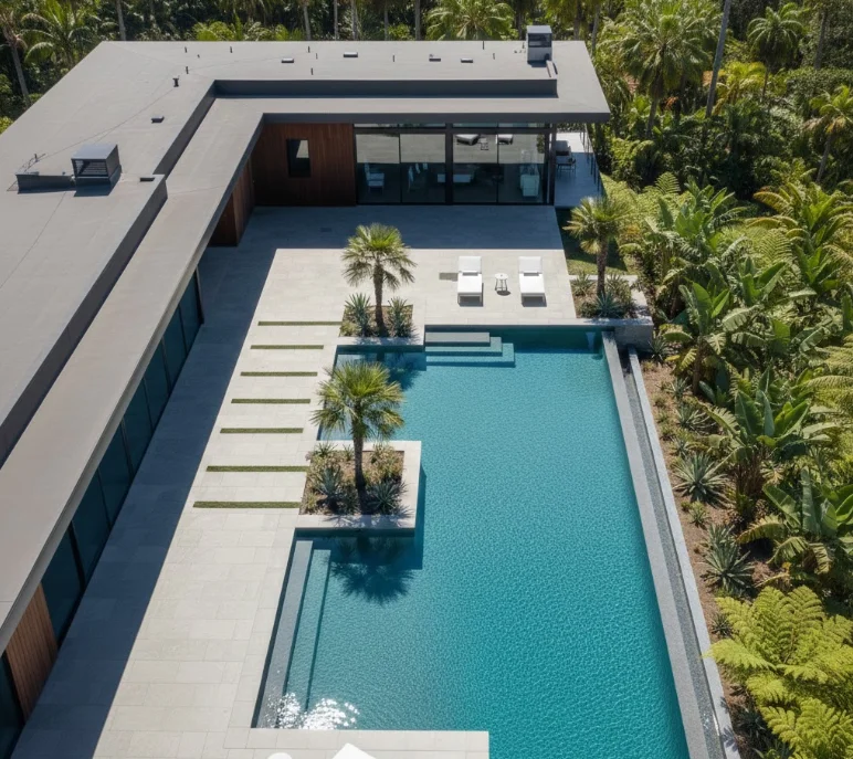 Aerial view of pristine Loomis pool showcasing professional pool service, pool cleaning, pool care, and pool maintenance by Cabana