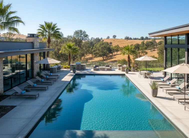 Aerial view of pristine Roseville pool ready for professional cleaning service and maintenance booking