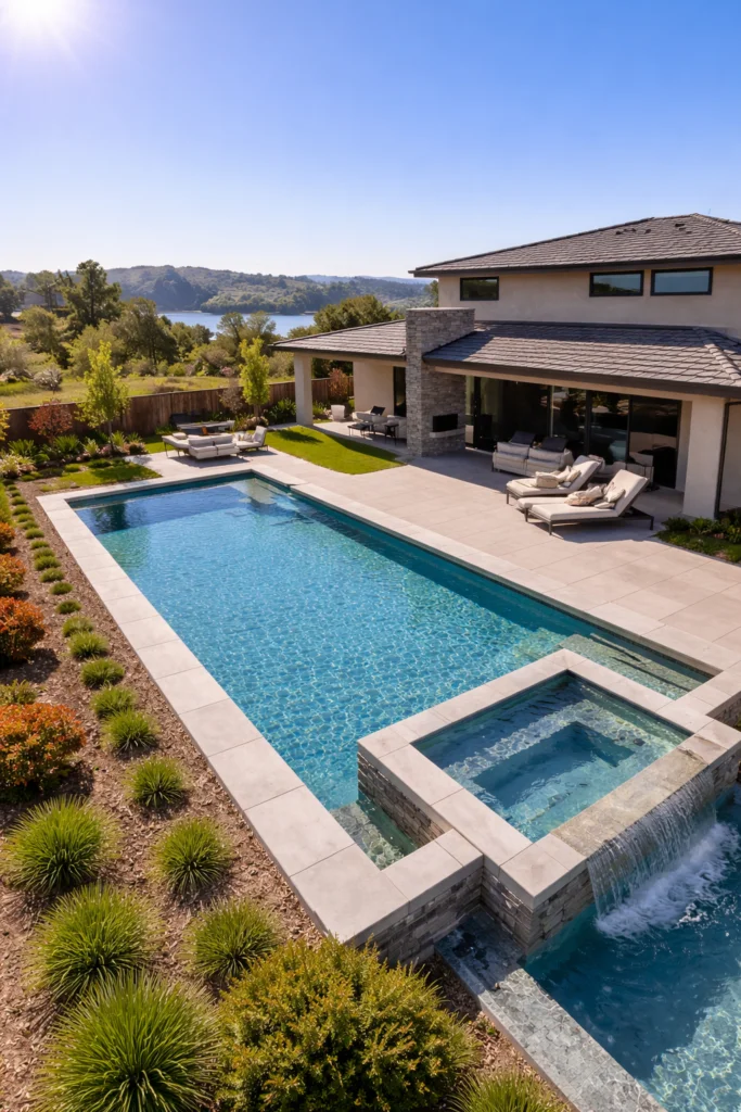Aerial view of clean Folsom pool ready for professional pool service and maintenance appointment booking